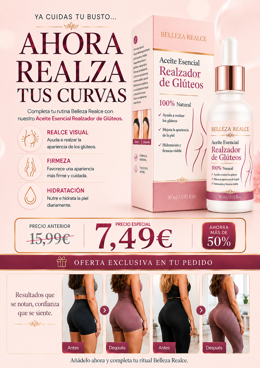 YA ELEGISTE REALZAR TU BUSTO… AHORA COMPLETA TU SILUETA |  Completa tu rutina Belleza Realce con nuestro Aceite Esencial Realzador de Glúteos